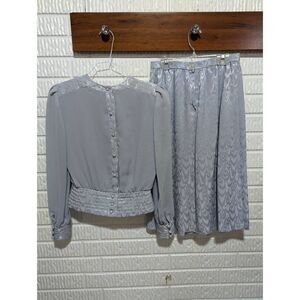 Richard Warren Vintage 80's Women's Gray Long-Sleeve Blouse & Midi Skirt Set Siz